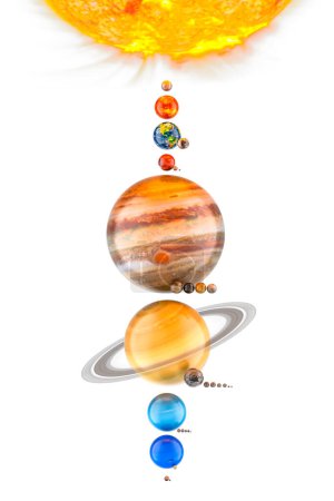 Planets of the solar system with satellites, vertical view. 3D rendering isolated on white background