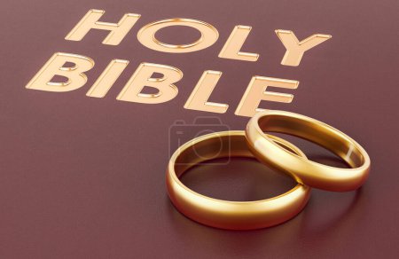 Foto de Biblia con anillos de boda dorados, representación 3D - Imagen libre de derechos