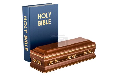 Kazanie pogrzebowe, koncepcja. Święta Biblia z trumną, renderowanie 3D izolowane na białym tle