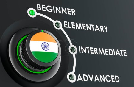 Téléchargez les photos : Niveaux indiens, apprentissage et amélioration de la langue indienne, concept avec bouton d'échelle. rendu 3D isolé sur fond blanc - en image libre de droit