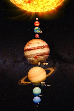 Planets of the solar system with satellites view in spase, vertical image. 3D rendering