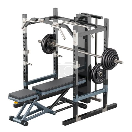 Multi máquina de entrenamiento funcional. Power rack con banco de entrenamiento y barra de peso, renderizado 3D aislado sobre fondo blanco