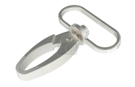 Gancho mosquetón de acero, representación 3D aislada sobre fondo blanco 