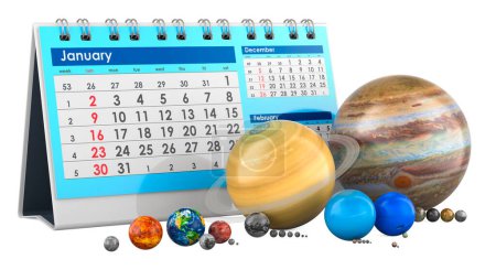 Planeten des Sonnensystems mit Tischkalender. Astronomie Kalender der Himmelsereignisse, Konzept. 3D-Rendering isoliert auf weißem Hintergrund