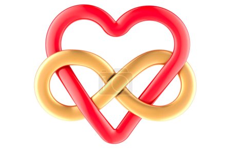 Rotes Herz mit Unendlichkeitssymbol. Unendliche Liebe, Konzept. 3D-Rendering isoliert auf weißem Hintergrund