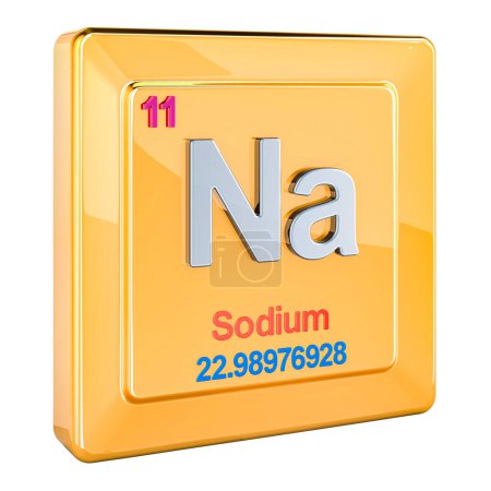 Natrium Na, chemisches Elementzeichen mit der Zahl 11 im Periodensystem. 3D-Rendering isoliert auf weißem Hintergrund
