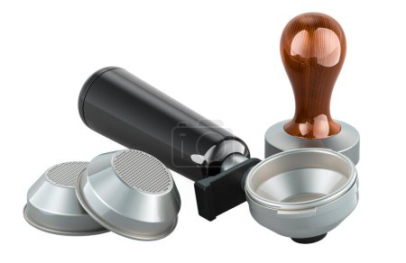 Portafilter, Coffee Basket Filter and coffee tamper of Espresso Machine. 3D rendering isolated on white background