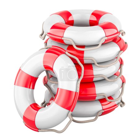 Stack of Lifebelts, heap of lifebuoys. 3D rendering isolated on white background