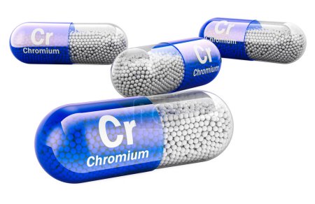 Capsules avec chrome Cr, complément alimentaire. rendu 3D isolé sur fond blanc