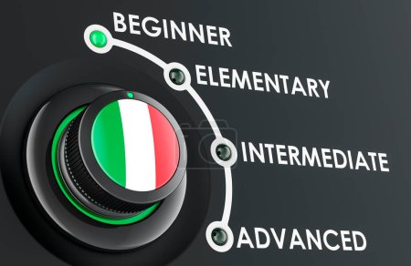 Italian levels, learning and improvement Italian language, concept with scale knob. 3D rendering
