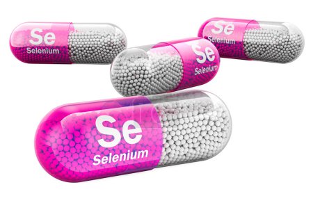 Capsules with selenium Se, dietary supplement. 3D rendering isolated on white background
