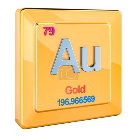 Oro aurum Au, signo de elemento químico con número 79 en la tabla periódica. Representación 3D aislada sobre fondo blanco