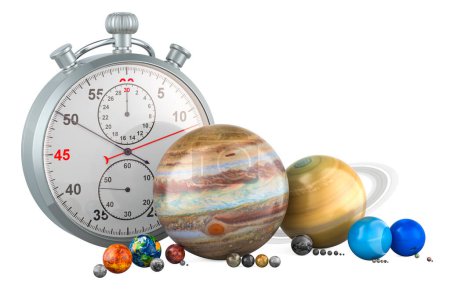 Planets of the solar system with stopwatch. 3D rendering isolated on white background