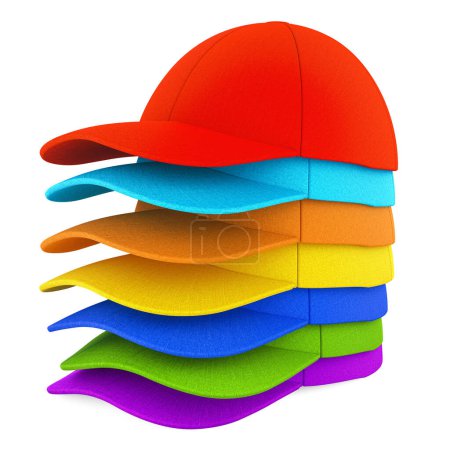 Stack of colored baseball caps. 3D rendering isolated on the white background