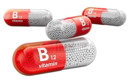Cápsulas B12, vitamina cianocobalamina. Representación 3D aislada sobre fondo blanco