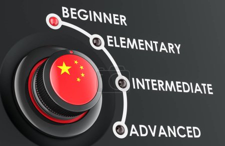 Chinesischkenntnisse, Erlernen und Verbesserung der chinesischen Sprache, Konzept mit Skalenknopf. 3D-Rendering