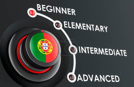 Téléchargez les photos : Niveaux portugais, apprentissage et amélioration de la langue portugaise, concept avec bouton d'échelle. rendu 3D - en image libre de droit