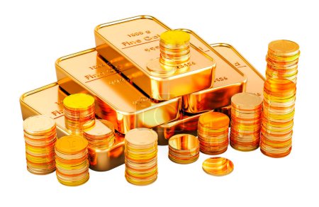 Montón de lingotes de oro y monedas de oro, representación 3D aislada sobre fondo blanco