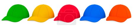 Colored baseball caps in row. 3D rendering isolated on the white background