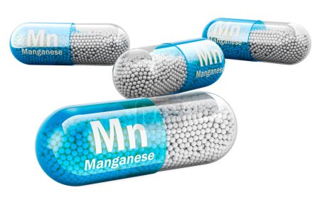 Kapseln mit Mangan-Mn-Element, 3D-Darstellung isoliert auf weißem Hintergrund