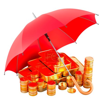 Foto de Monedas doradas y lingotes bajo paraguas rojo. Concepto de seguro financiero, representación 3D aislada sobre fondo blanco - Imagen libre de derechos