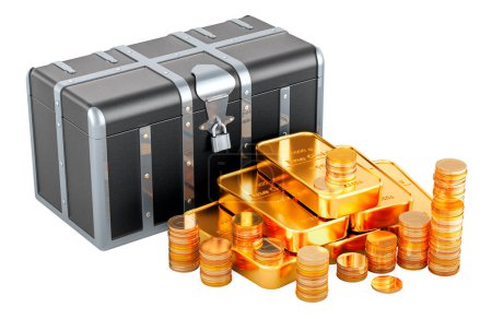 Foto de Cofre del tesoro con monedas de oro y lingotes de oro, representación 3D aislado sobre fondo blanco - Imagen libre de derechos