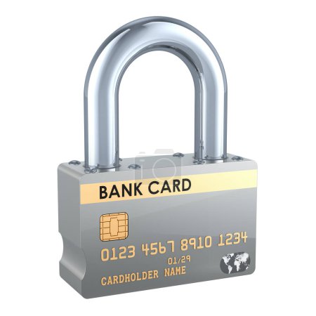 Kreditkarte als Vorhängeschloss, Sicherheitskonzept. 3D-Rendering isoliert auf weißem Hintergrund