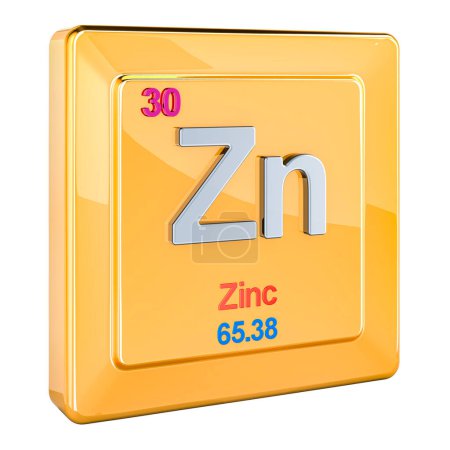 Zinc Zn, signo de elemento químico con número 30 en la tabla periódica. Representación 3D aislada sobre fondo blanco