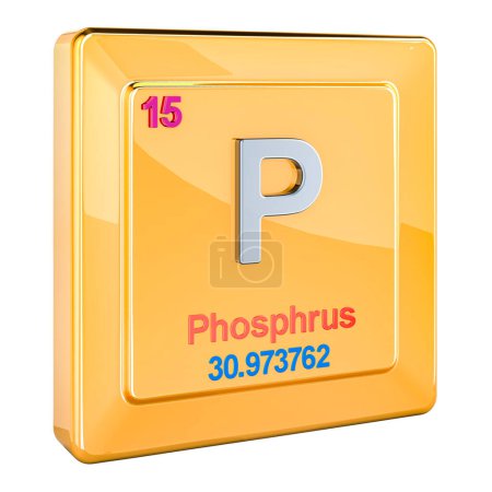 Phosphor P, chemisches Elementzeichen mit der Zahl 15 im Periodensystem. 3D-Rendering isoliert auf weißem Hintergrund