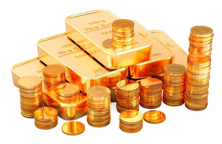Foto de Lingotes de oro y monedas de oro, representación 3D aislado sobre fondo blanco - Imagen libre de derechos