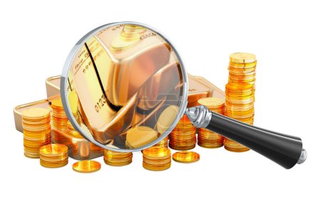 Gold Market Analysis, concept. Golden coins and gold bars with magnifier, 3D rendering isolated on white background 
