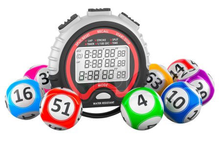 Lottery balls with digital stopwatch, 3D rendering isolated on white background