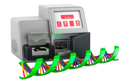 DNA-Spirale mit DNA-Sequenzer. Biotechnologische Forschung, Konzept. 3D-Rendering isoliert auf weißem Hintergrund