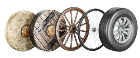 Wheels evolution from primitive stone ring, ancient wooden to modern car tire with disk. History of transport wheels. 3D rendering isolated on white background