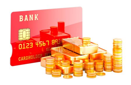 Kreditkarte mit Goldbarren und Goldmünzen, 3D-Rendering isoliert auf weißem Hintergrund