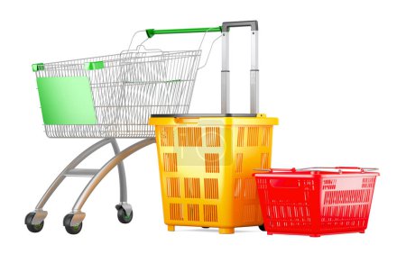 Shopping cart, rolling basket and plastic shopping basket. 3D rendering isolated on white background