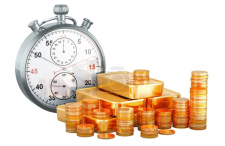 Gold ingots and golden coins with stopwatch, 3D rendering isolated on white background