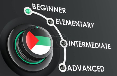 Niveles de árabe, aprendizaje y mejora Lengua árabe, concepto con mando de escala. Renderizado 3D