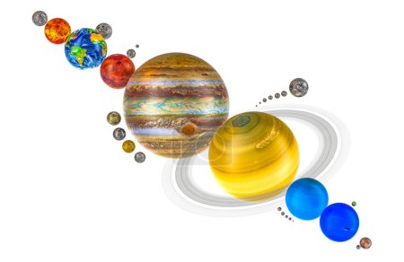 Planets of Solar system with satellites. 3D rendering isolated on white background