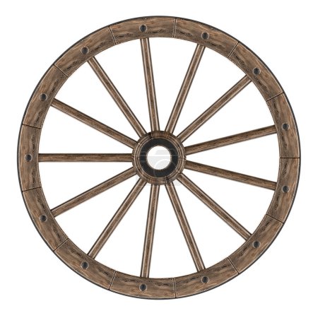 Altes Speichenrad aus Holz, 3D-Rendering isoliert auf weißem Hintergrund