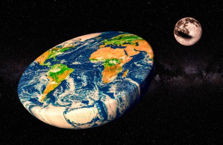 Flache Erde und Mond im Weltraum, 3D-Rendering