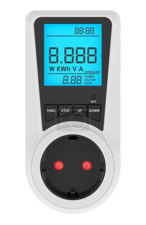 White Watt Meter, Plug-in-Steckdose Stromzähler, Auto Cost Calculator, 3D-Rendering isoliert auf weißem Hintergrund 