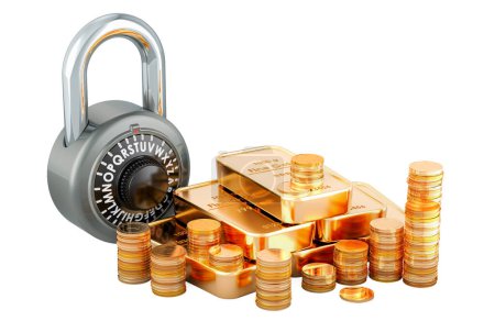 Goldbarren und Goldmünzen mit Vorhängeschloss. Finanzielle Absicherung, Konzept. 3D-Rendering isoliert auf weißem Hintergrund