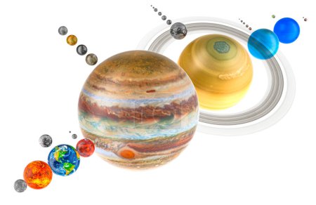 All Planets of Solar system with satellites. 3D rendering isolated on white background