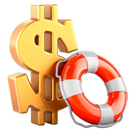 Foto de Símbolo de dólar dorado con Lifebuoy, representación 3D aislada sobre fondo blanco - Imagen libre de derechos