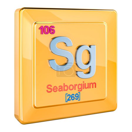 Seaborgium Sg, signo de elemento químico con número 106 en tabla periódica. Representación 3D aislada sobre fondo blanco