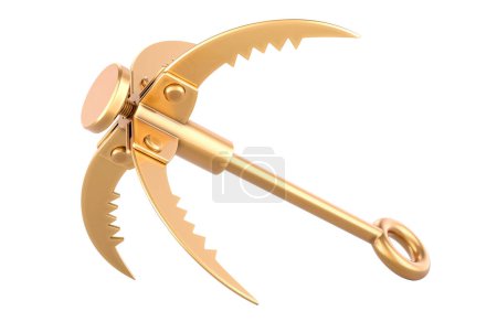 Golden Grappling Hook, 3D rendering isolated on white background 