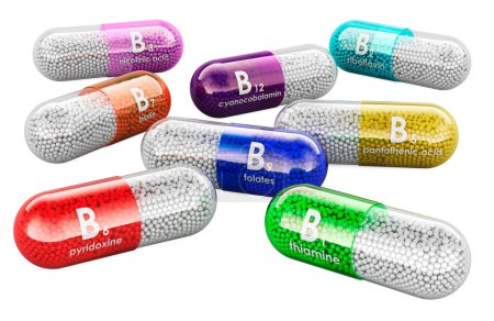 Conjunto de cápsulas vitamínicas B1, B2, B3, B5, B6, B7, B12. Representación 3D aislada sobre fondo blanco
