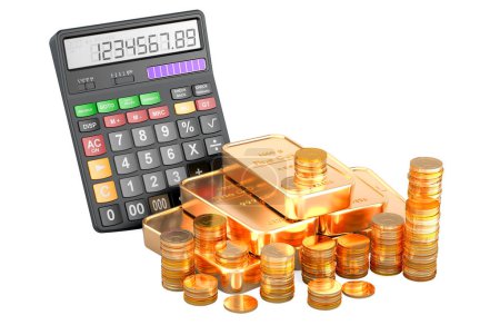 Foto de Calculadora con monedas de oro y barras de oro, representación 3D aislada sobre fondo blanco - Imagen libre de derechos