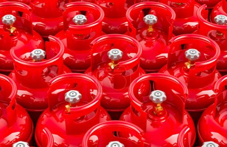 Background from red propane cylinders with compressed gas, top view. 3D rendering